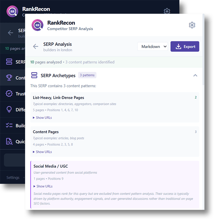 RankRecon SERP Analysis report showing content targets and recommendations