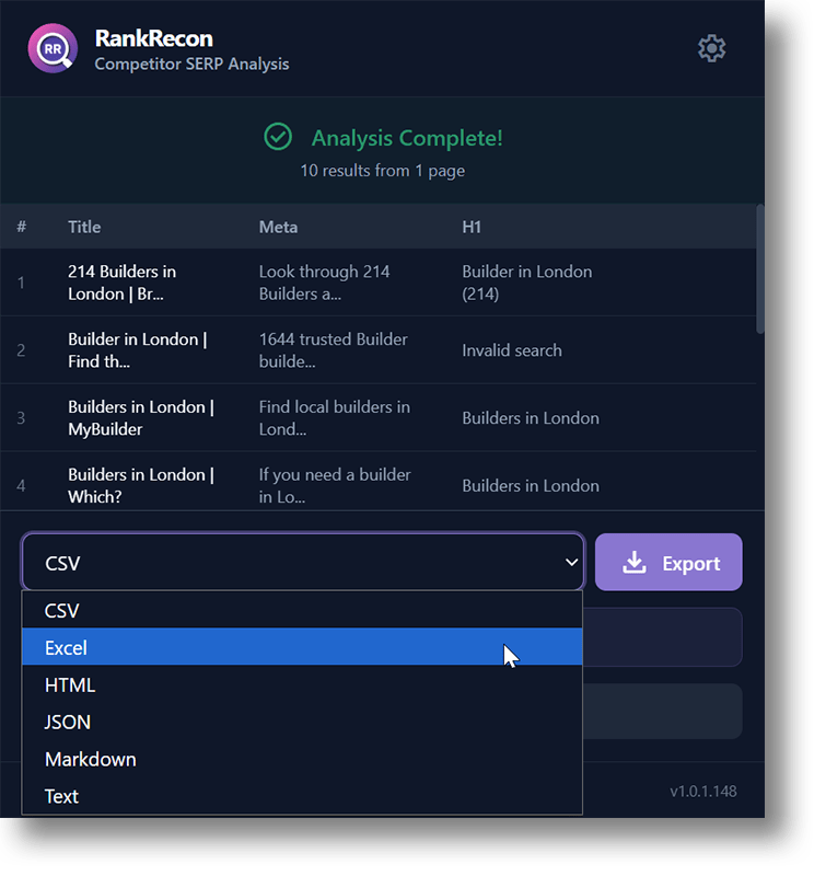 RankRecon extracting Google search results data